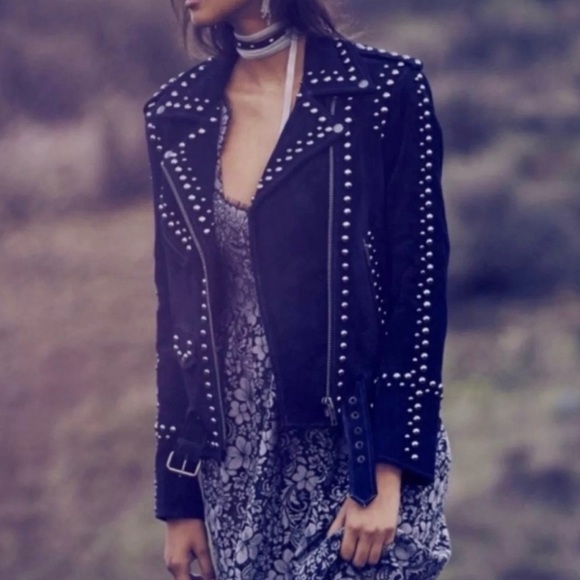 For Love and Lemons Jacket suede navy studded - Picture 2 of 9